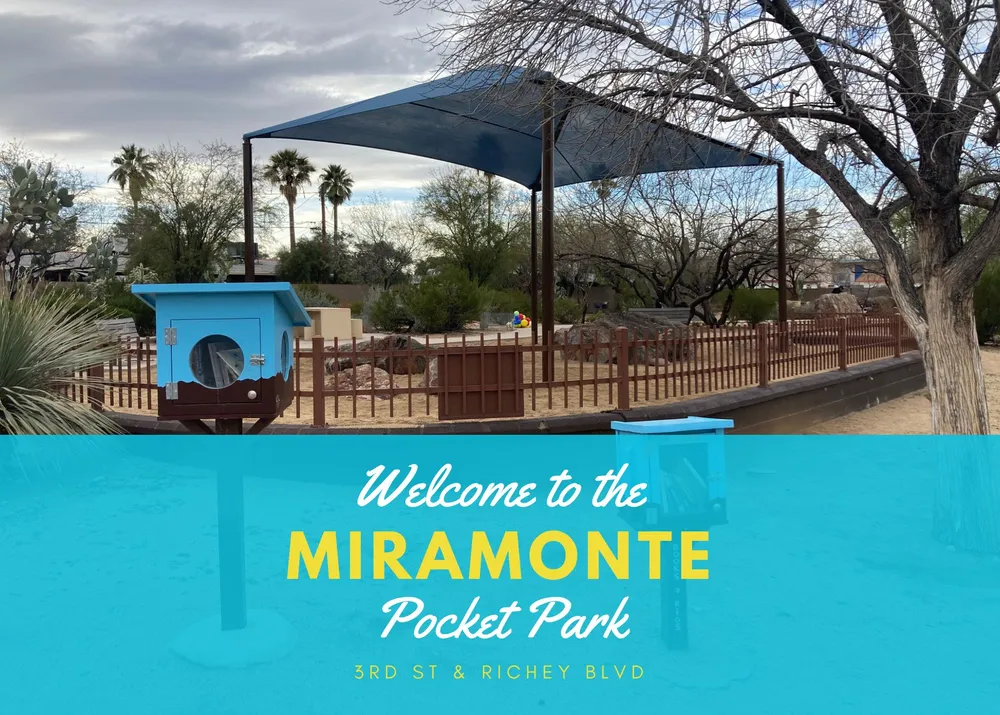 The Little Free Library and shade structure at the Miramonte Pocket Park, with its welcome sign